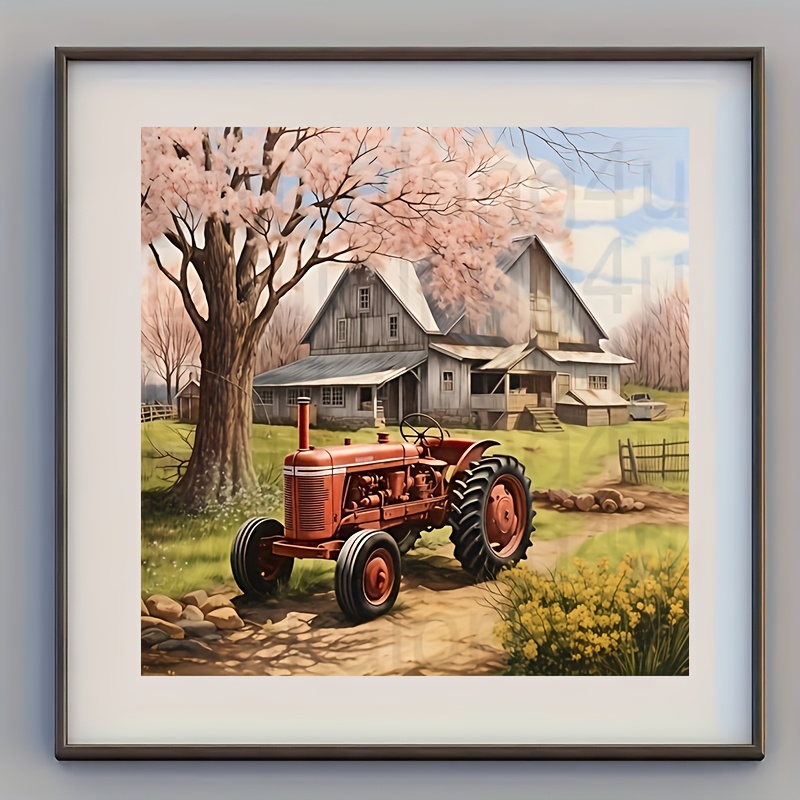 

1pc 5d Full Diamond Painting Kit, 20cm X 20cm, Rustic Farmhouse Tractor & Cherry Scene, Round Diamond Embroidery Art, Diy Craft For Decor, Transportation Theme Canvas