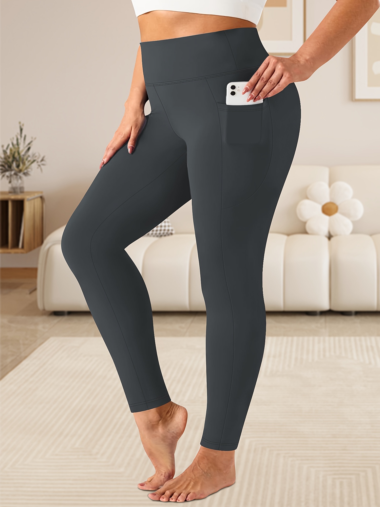 Women'S Plus Size High Waist Tummy Control Leggings with Side Pockets, 88% Polyester 12% Elastane, Knit Fabric, Stretchy Cropped Yoga Pants for Running & Fitness, All Season Solid Color Athletic Skinny Pants
