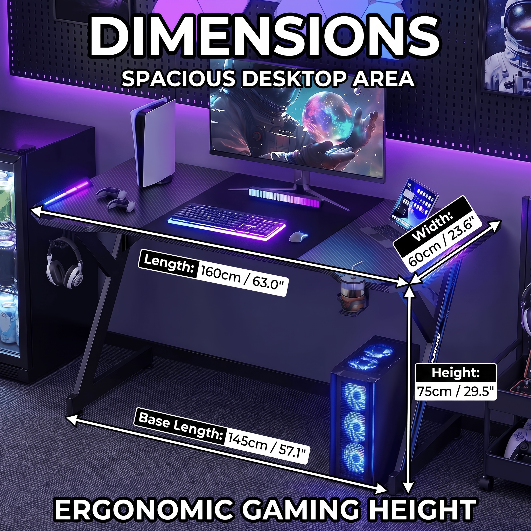 TEMU Escritorio Gaming RGB de Y, Mesa de Ordenador Gaming con Superficie de Fibra de Carbono y Luces LED, Portavasos y Gancho para Auriculares,