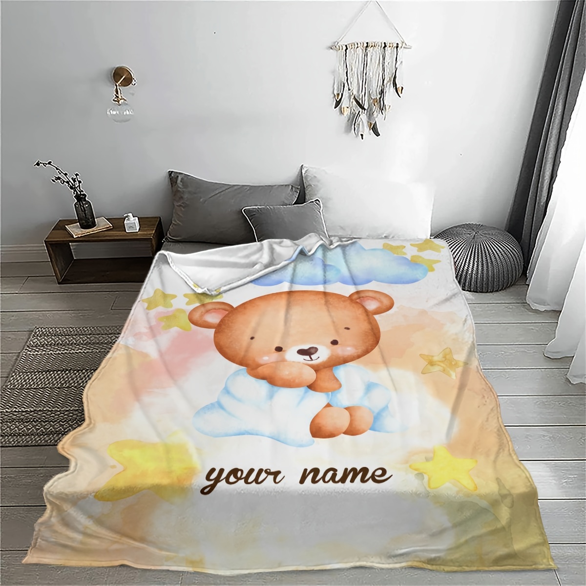 customizable cartoon bear print flannel throw blanket contemporary style   cozy knitted polyester blanket for multipurpose use decorative gift blanket for room decor personalized name option   details 1