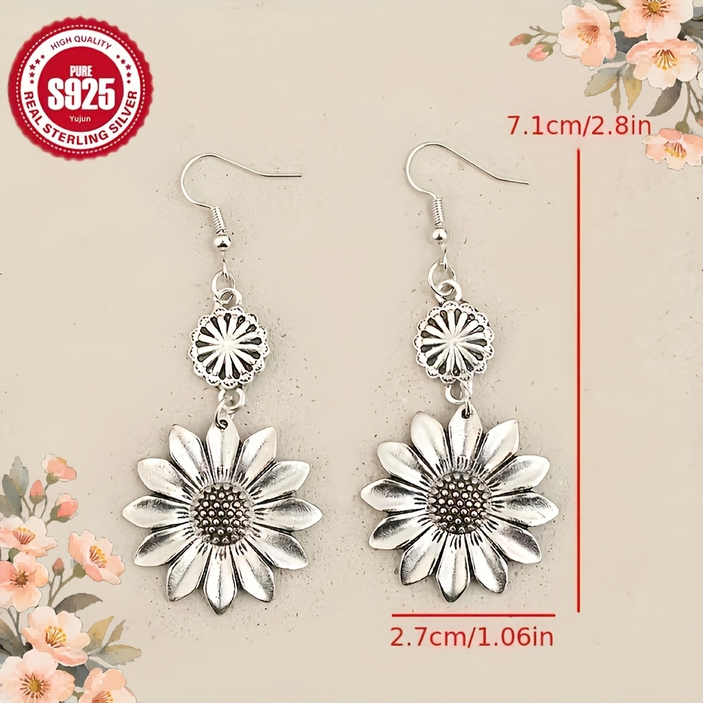 Women's 925 Silver Vintage Sunflower Tassel Pendant Earrings