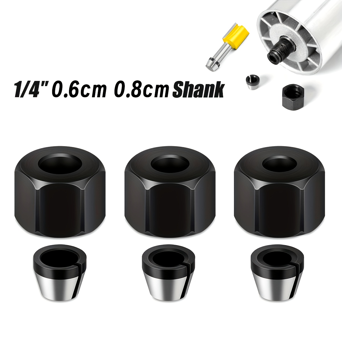 Image of A 6pcs Precision Milling Collet Set With Nuts, Carbon Steel - 6mm, 6., 8mm , For Woodworking, Engraving, Trimming, Electric Milling Cutter Accessories