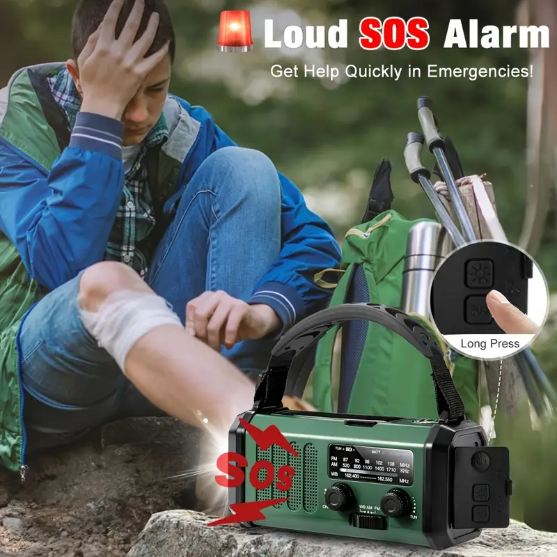 emergency hand crank radio with 10000mah 37000mwh battery backup am fm weather radio type c charge solar charging sos 3 led torch reading lamp compass for outdoor survival details 2