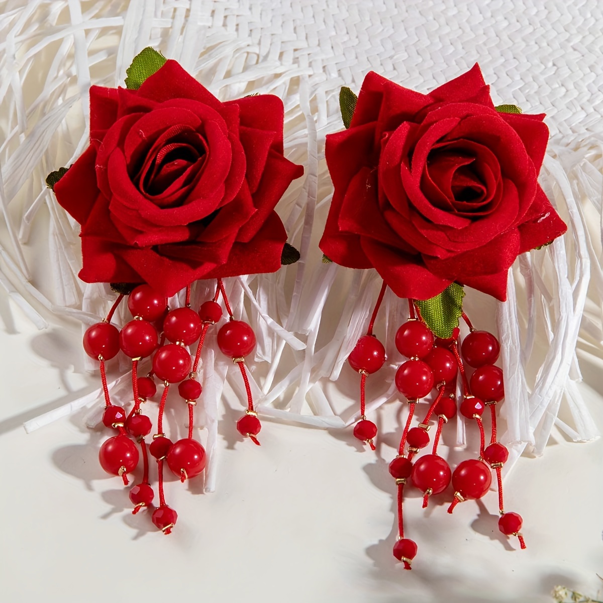Vintage Inspired Red Rose Beaded Dangle Earrings