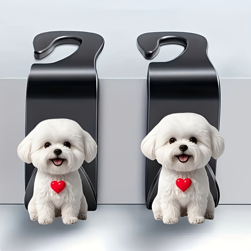2pcs - Cute White Puppy 2d Car Seat Hook, In-car Integrated Backrest Hidden Storage Hook, Car Seat Accessory Flower Basket, Multifunctional