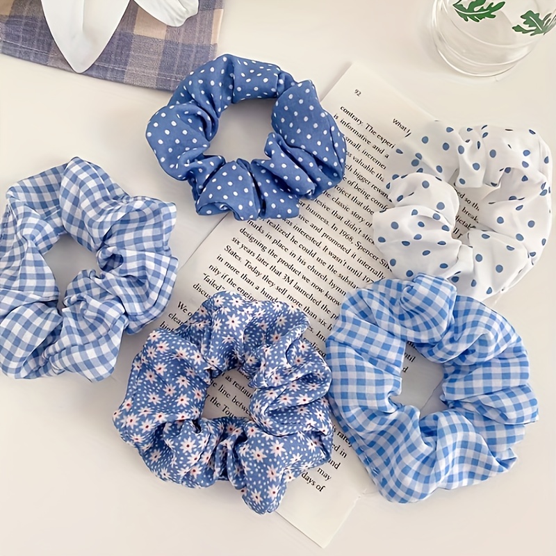

5-pack Elastic Hair Ties, Fashion Scrunchies For Ponytails, Charming Youthful Hairbands, Cute Versatile Daily Party Accessories For Women, Blue And White Elegant Adorable Styles