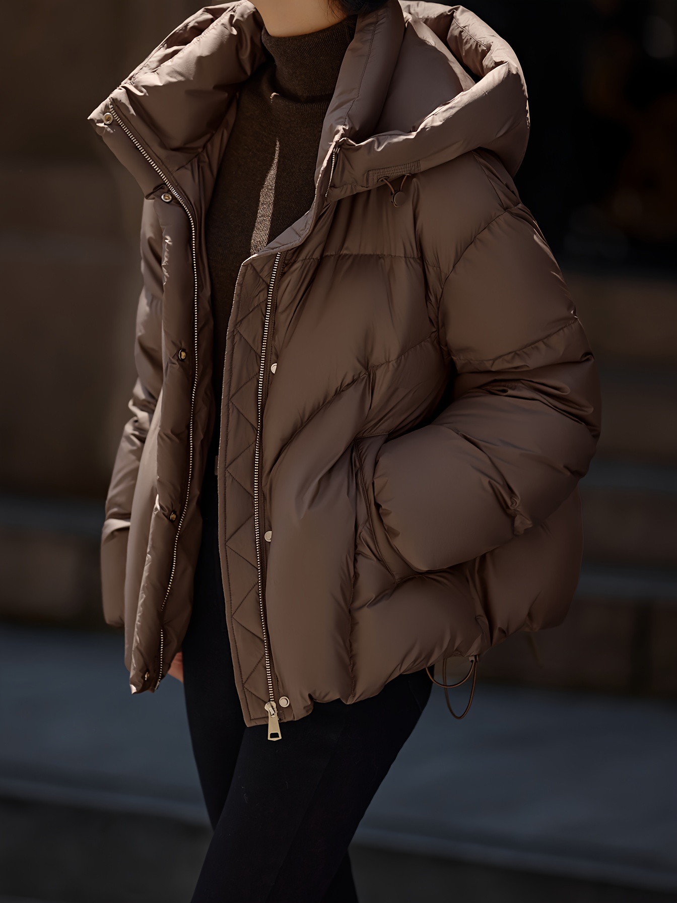 Kapuze Hellbraune Winterjacke Damen Damen Elegant Hellbraun Mit