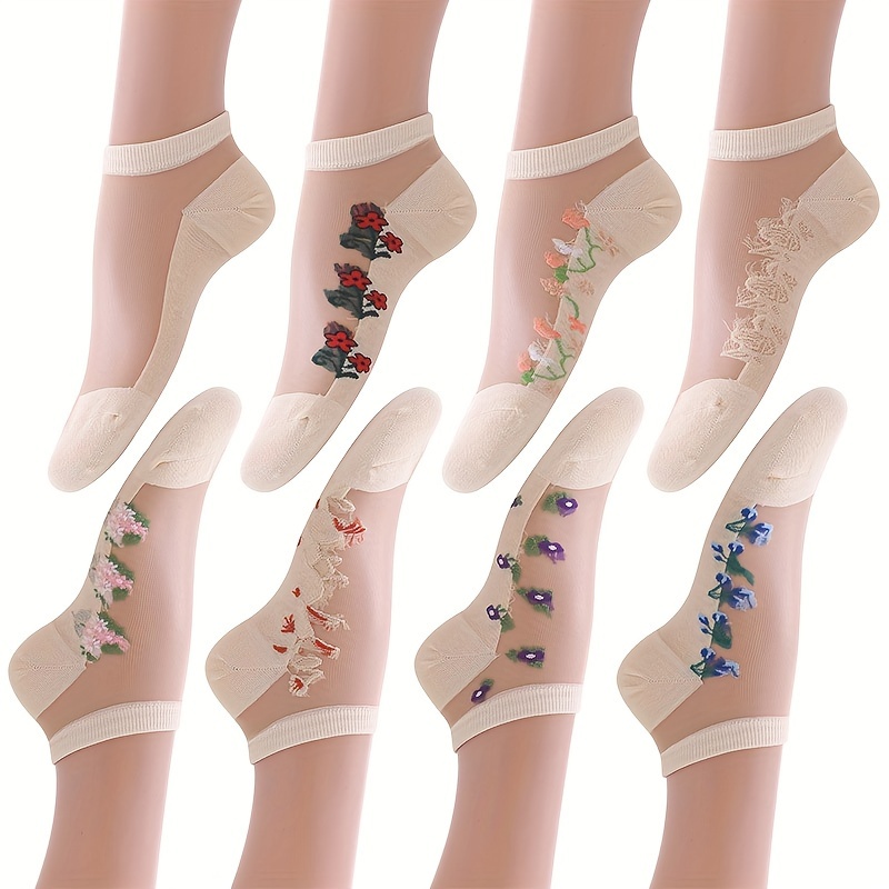 

8 Paires de Chaussettes Courtes en Verre Jacquard Transparent avec Motif Fleur Fin Printemps/Été