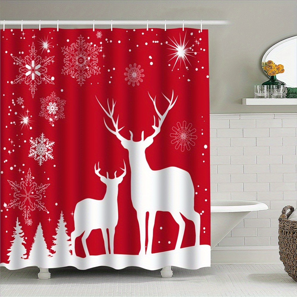 

Christmas Bath Shower Curtain: Large Reindeer Print, Waterproof, Machine Washable, Christmas Decor, Includes Hooks