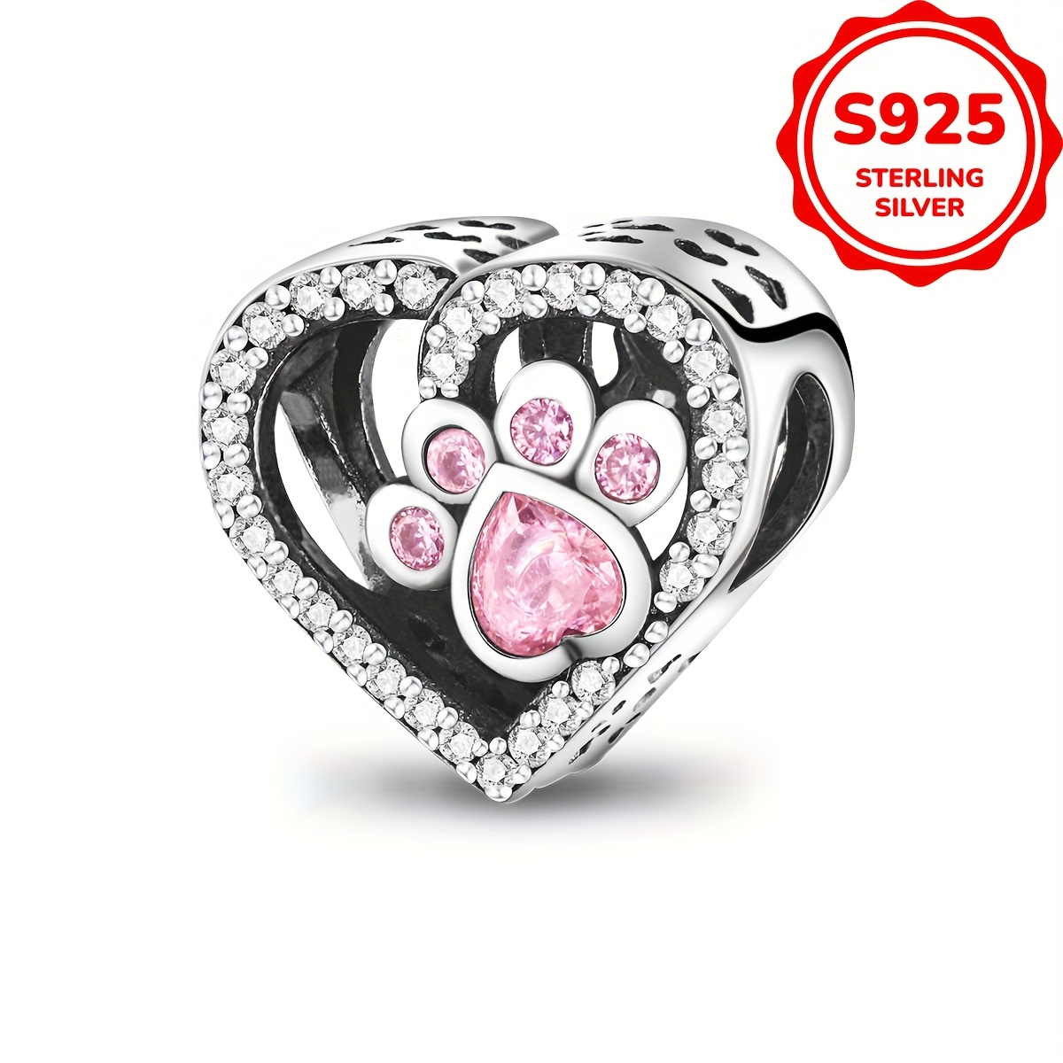 

[1pc Sterling Silver Paw Print Heart Charm] 1pc Elegant Sterling Silver S925 Paw Print Heart Charm With Beads, Fashionable Or Gift For Women