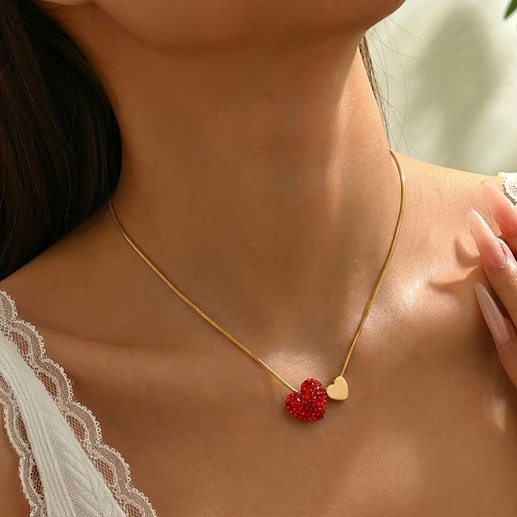 TEMU 1pc Ladies Snake Bone Chain Pendant Necklace, Red Rhinestone And Metal Heart Combination Design, Adjustable Extension Chain, Spring/summer Daily
