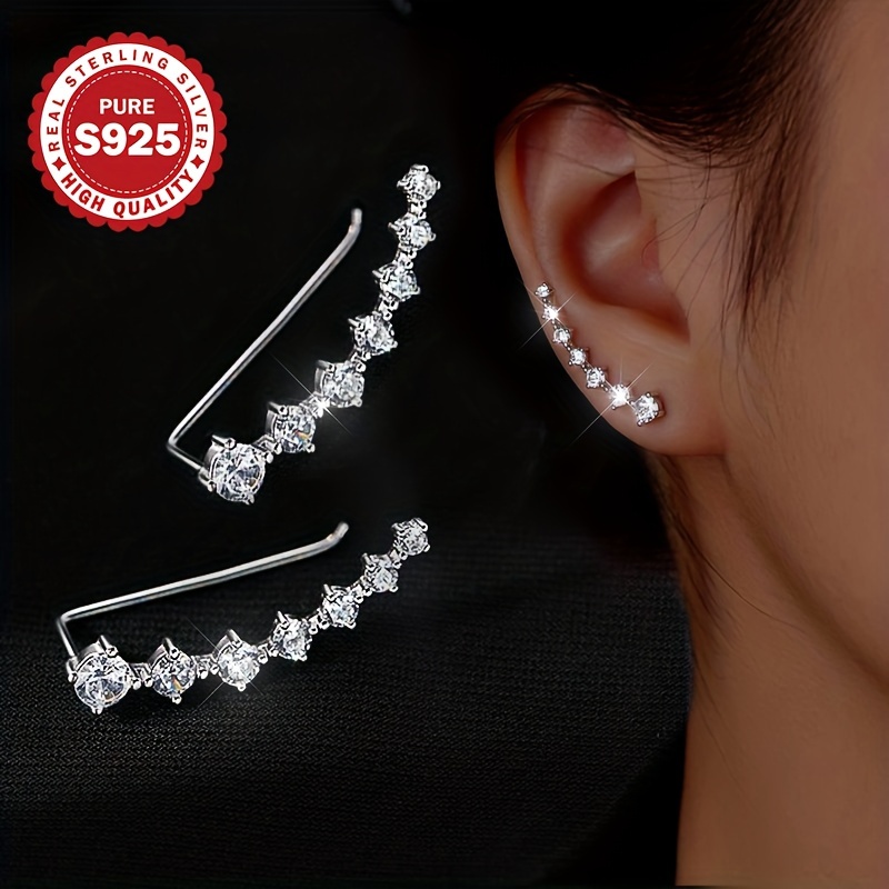 

1 Pair 925 Sterling Silver Starry Ear Crawler Earrings, Bling-bling Design With Zircon Inlaid, Luxury Vacation Style, Hypoallergenic, Perfect Accessories Jewelry Gift For Holidays For Women