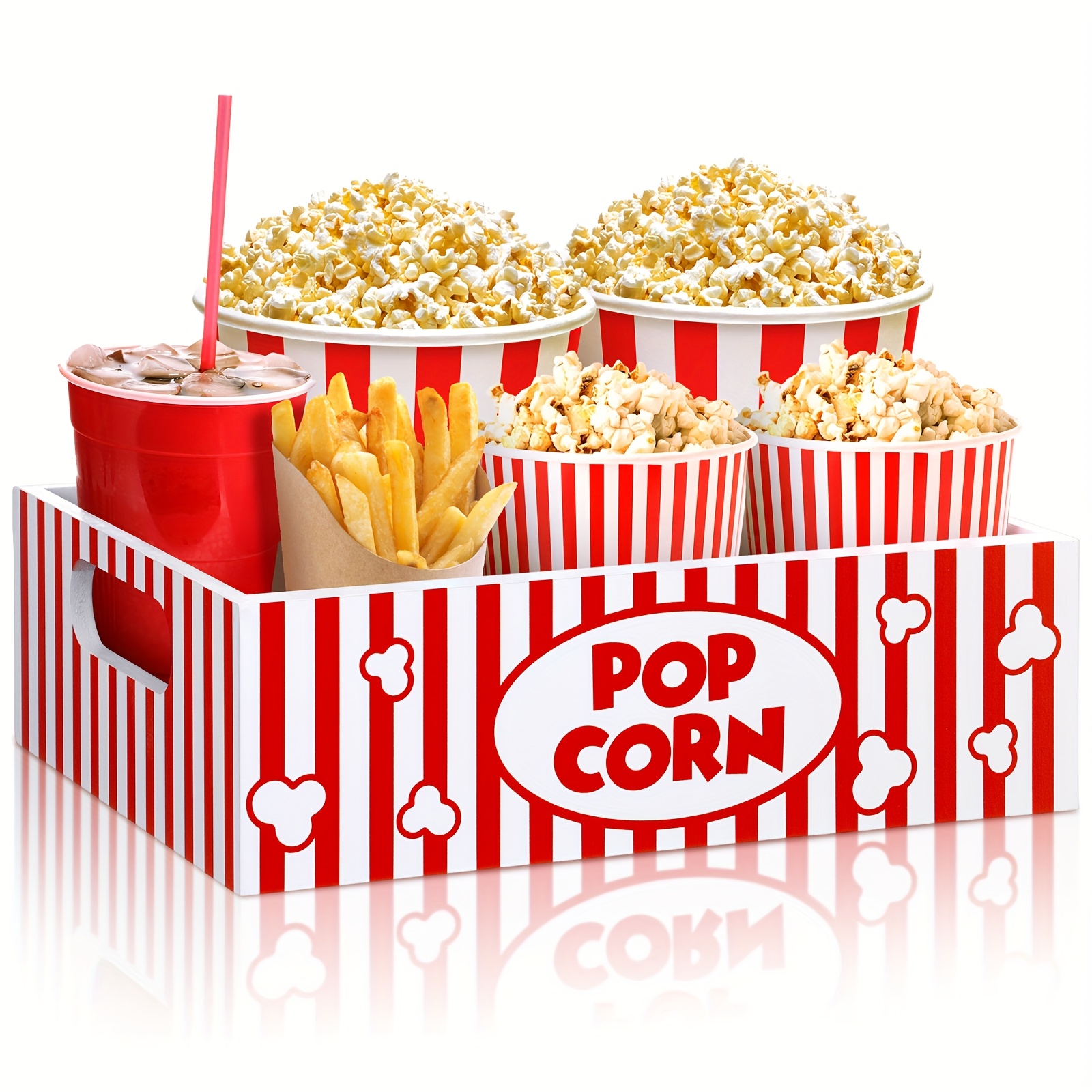 1pc Wood Movie Night Snack Tray With Handle - Reusable Non- Popcorn Bucket & Gift Basket Suitable For Theater, Decor, Parties - Striped Container