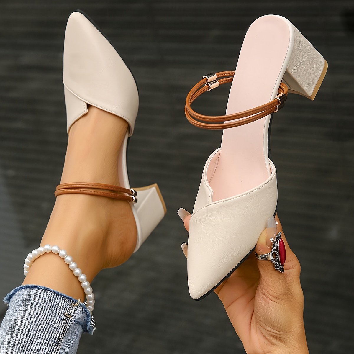 

Women's Chunky Block Heel Pointed Toe Sandals With Ankle Strap, Fashion Dress Shoes For Casual Wear