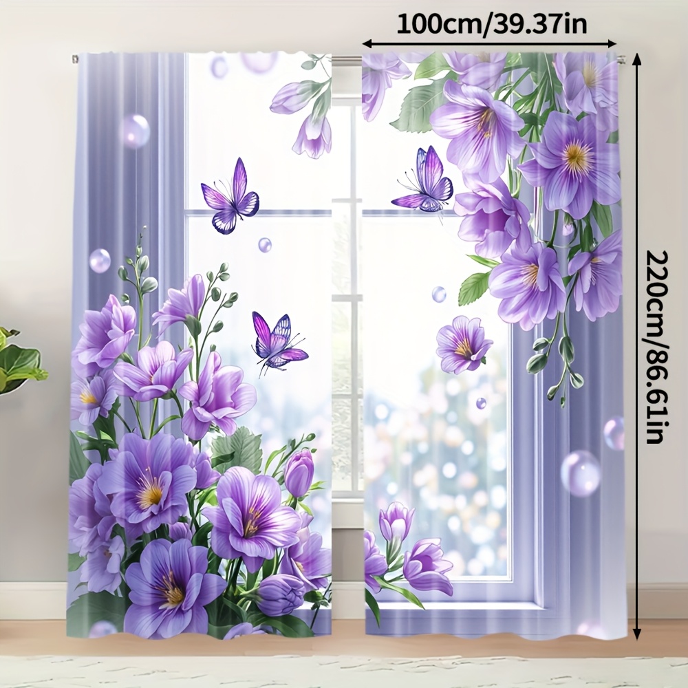 TEMU 2pcs, Purple And Chrysanthemum Print Art Deco Curtains, Polyester, Perfect For Corridors, Gyms, Study Rooms, And Other Spaces (without Rod)