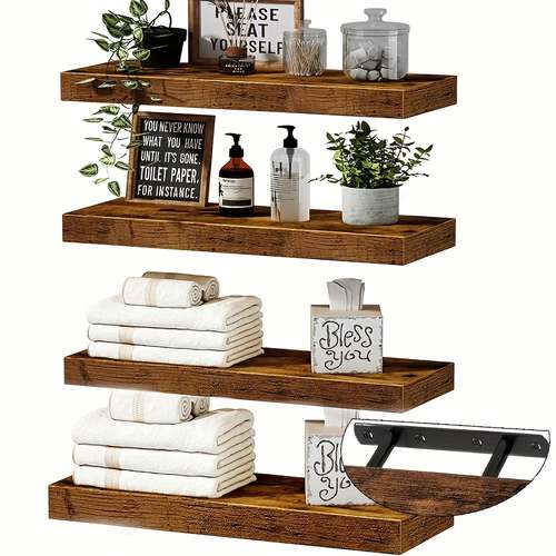 Solid Wood 3+2 Tier Floating Shelf Set With Towel Rack & Paper Holder For Bathroom