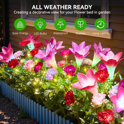 2 4 pack solar flower lights outdoor 700mah battery with 30 faster charging ipx5 multi color changing led bulbs solar powered for garden pathway yard patio solar outdoor lights pathway garden night light durable plastic construction