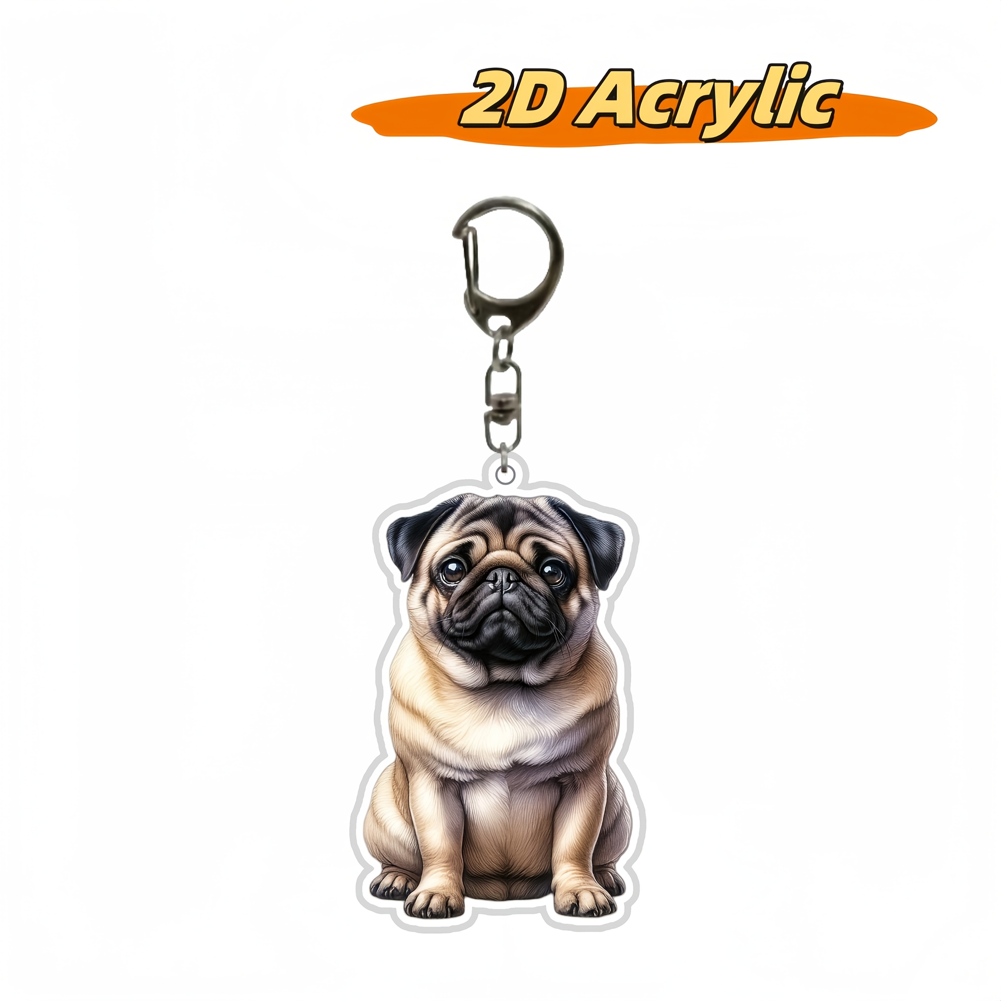 

2d Flat,stylish Acrylic Pug Dog Keychain - Cool & Fashionable Accessory For Men