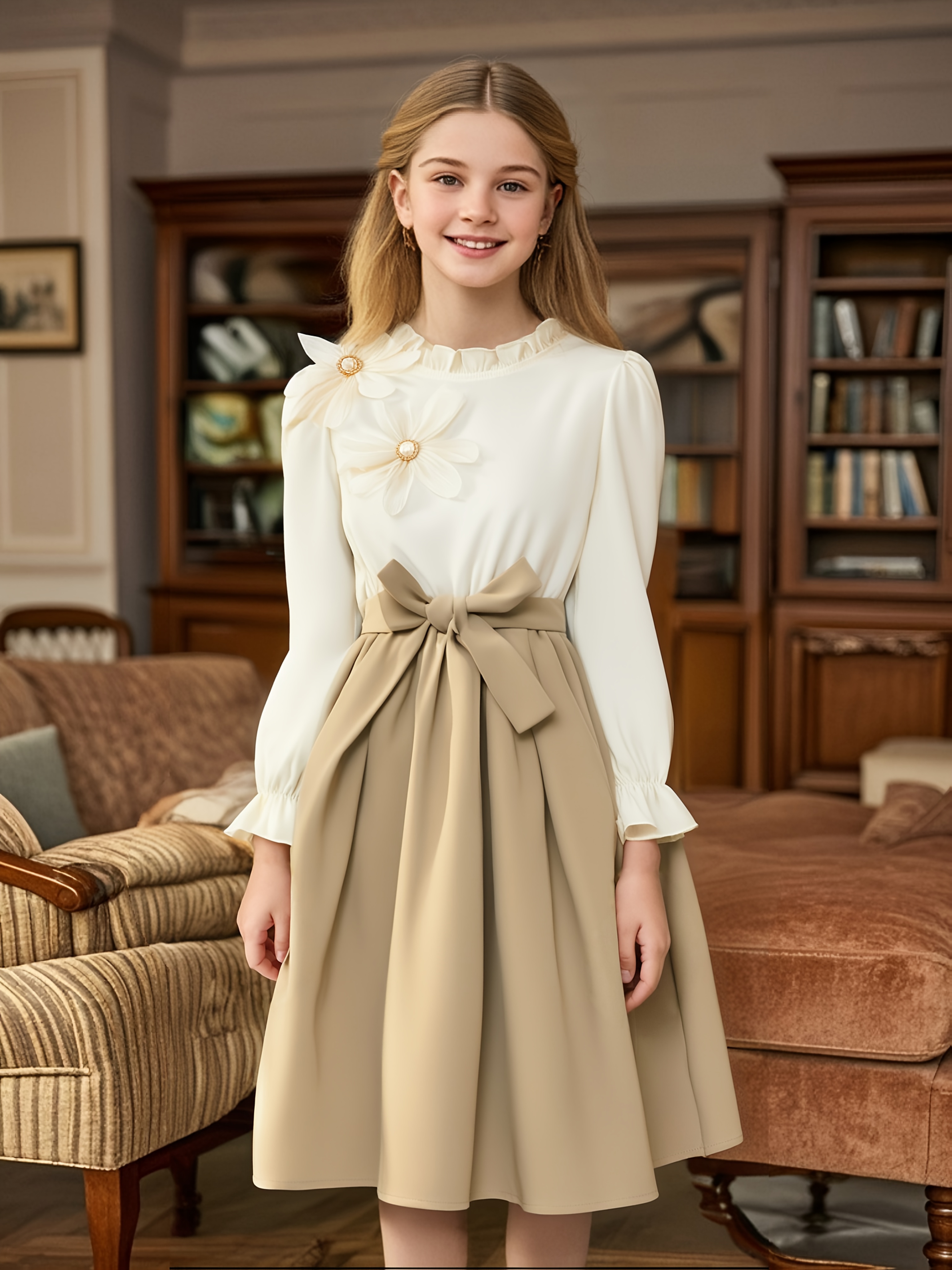 girls dress with 3d beaded lace   ruffle neckline long sleeve elegant style autumn umbrella skirt for big girls