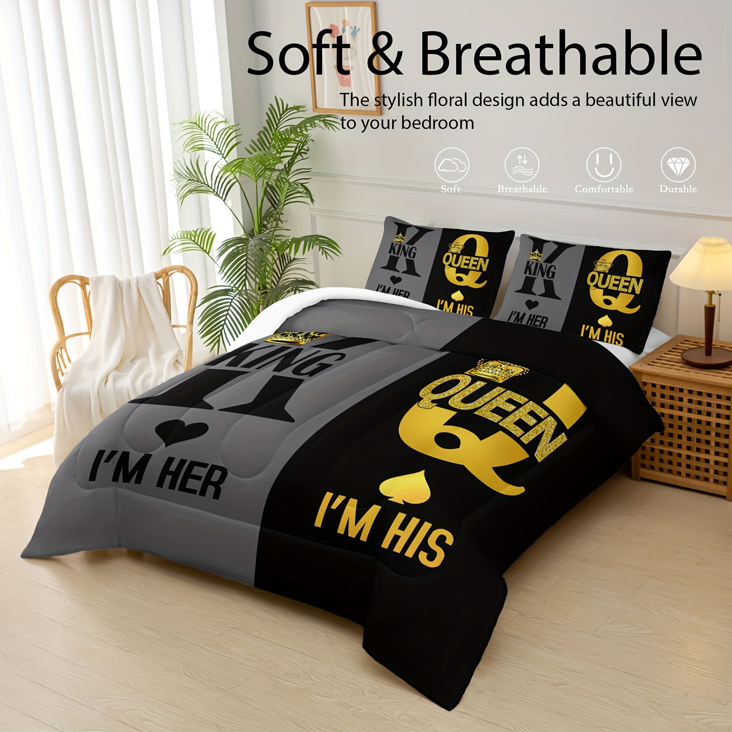   comforter set love bedding couples comforter 3 piece set 1 bed comforter 2 pillowcases black and gold comforter set   comforter soft comfortable and breathable printed bedding for home dorm decoration Product details 0