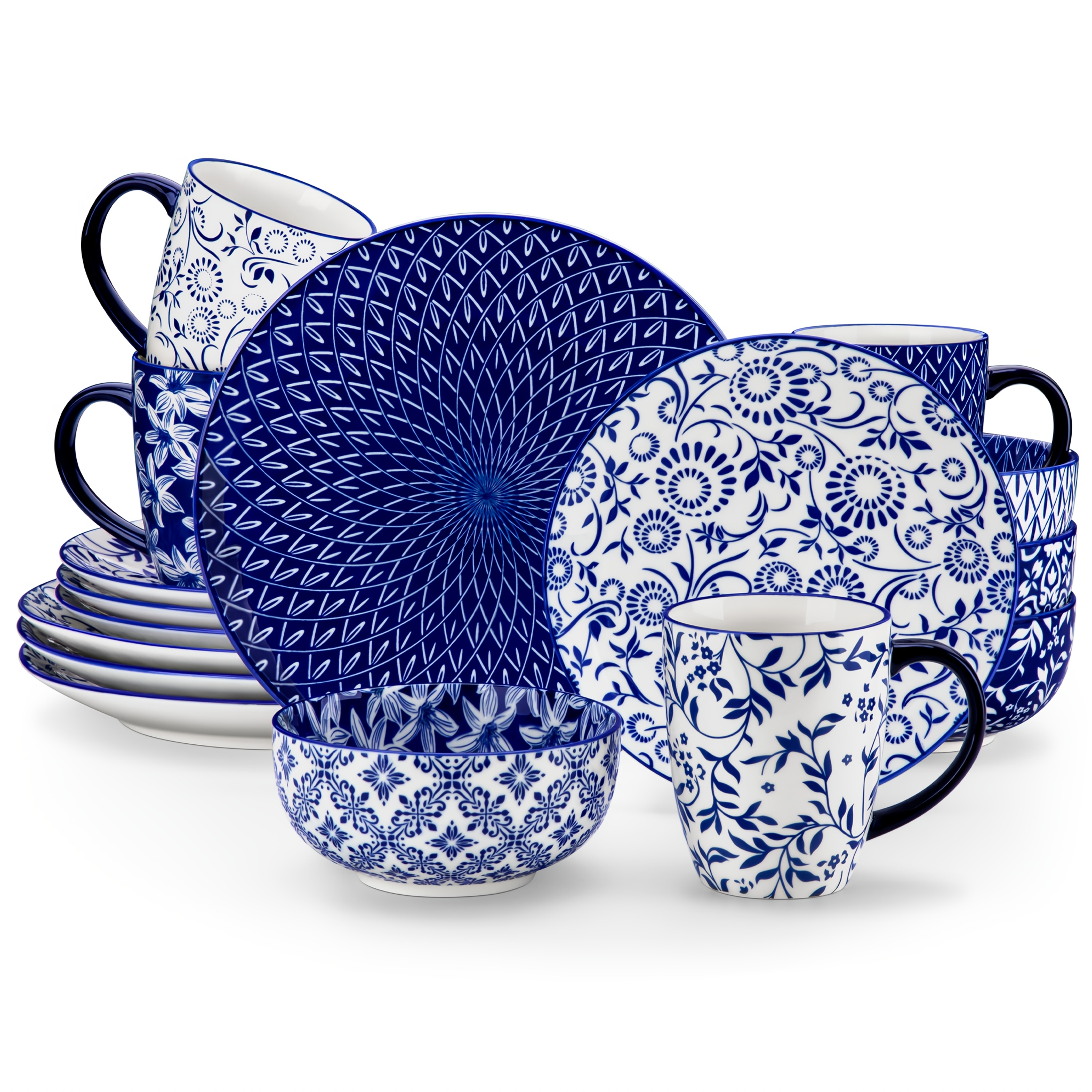 16pcs Dinnerware Set Blue-and-white Porcelain Tableware With Dinner Plate, Dessert Plate, Mug And Cereal Bowl Service For 4