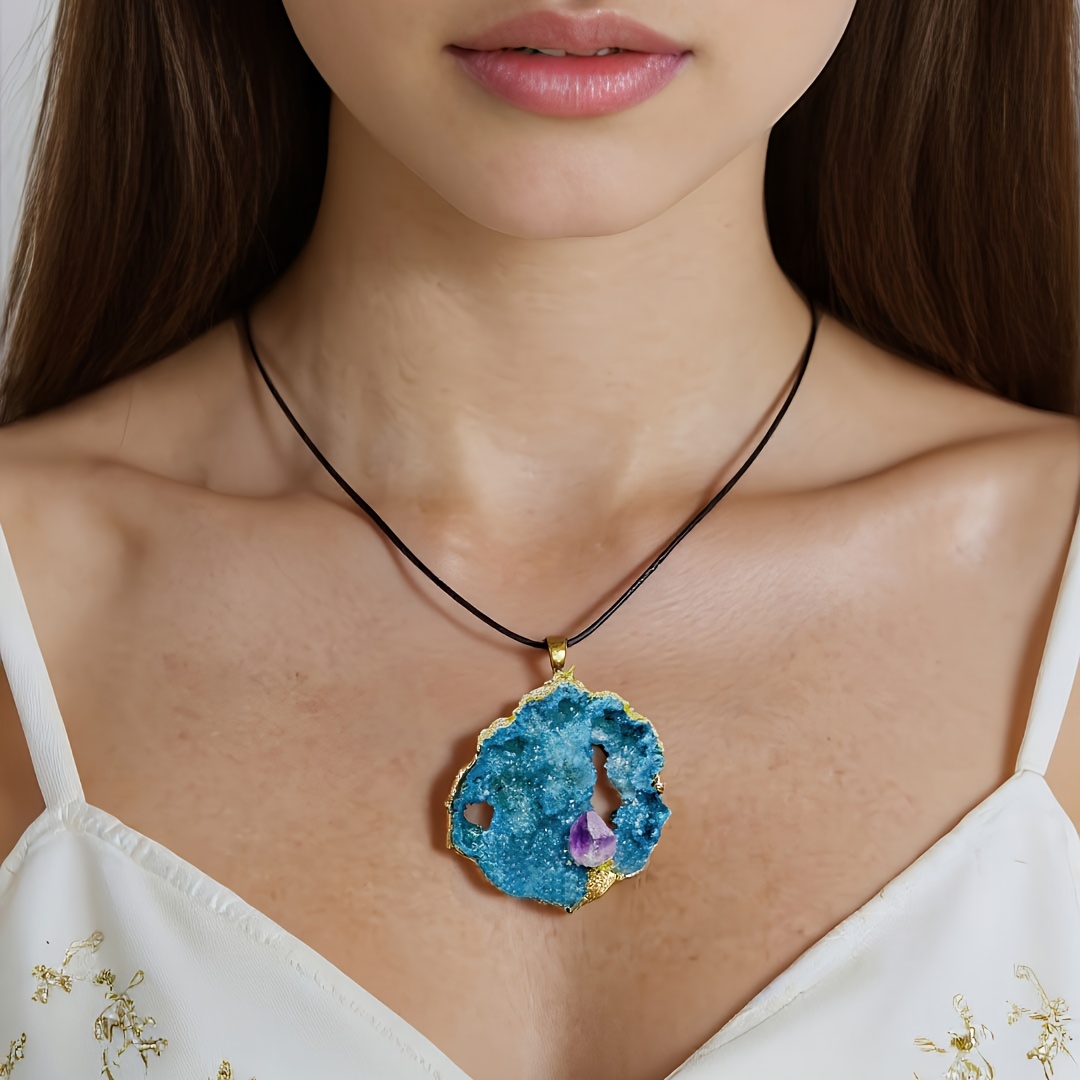 Women's Blue Natural Stone Pendant Necklace, Rock Quartz