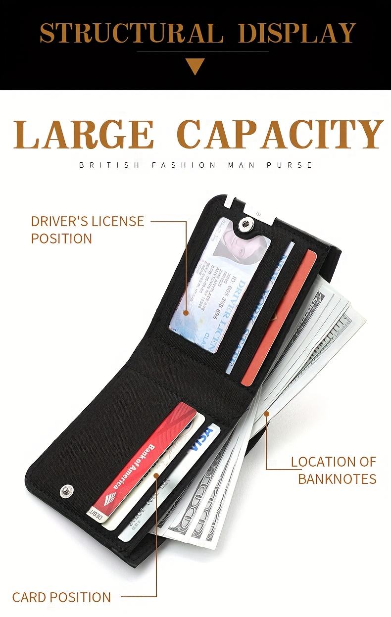 Billetera de lona vintage para hombre con múltiples ranuras para tarjetas, diseño plegable de gran capacidad y cierre seguro con cremallera - Negro, poliéster duradero, estilo casual, clip de dinero para estudiantes, billetera versátil.