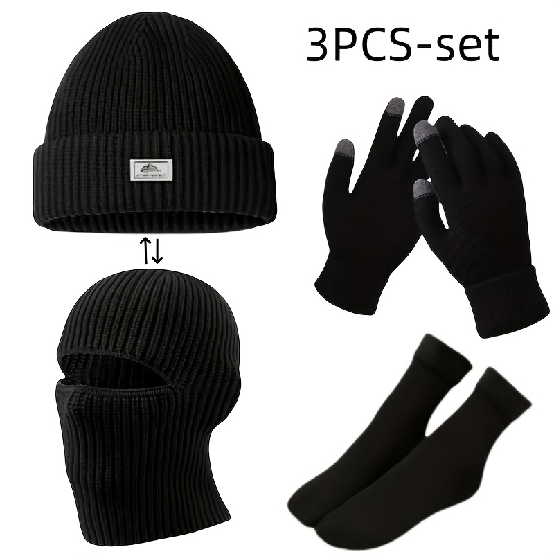 

3pcs Men's Winter Knit Hat And Gloves Set - , Warm Balaclava With Fleece Lining For Outdoor Sports, Black, Hand Wash Only - Ideal Gift For Christmas, Halloween, New Year, Fun Winter Hat