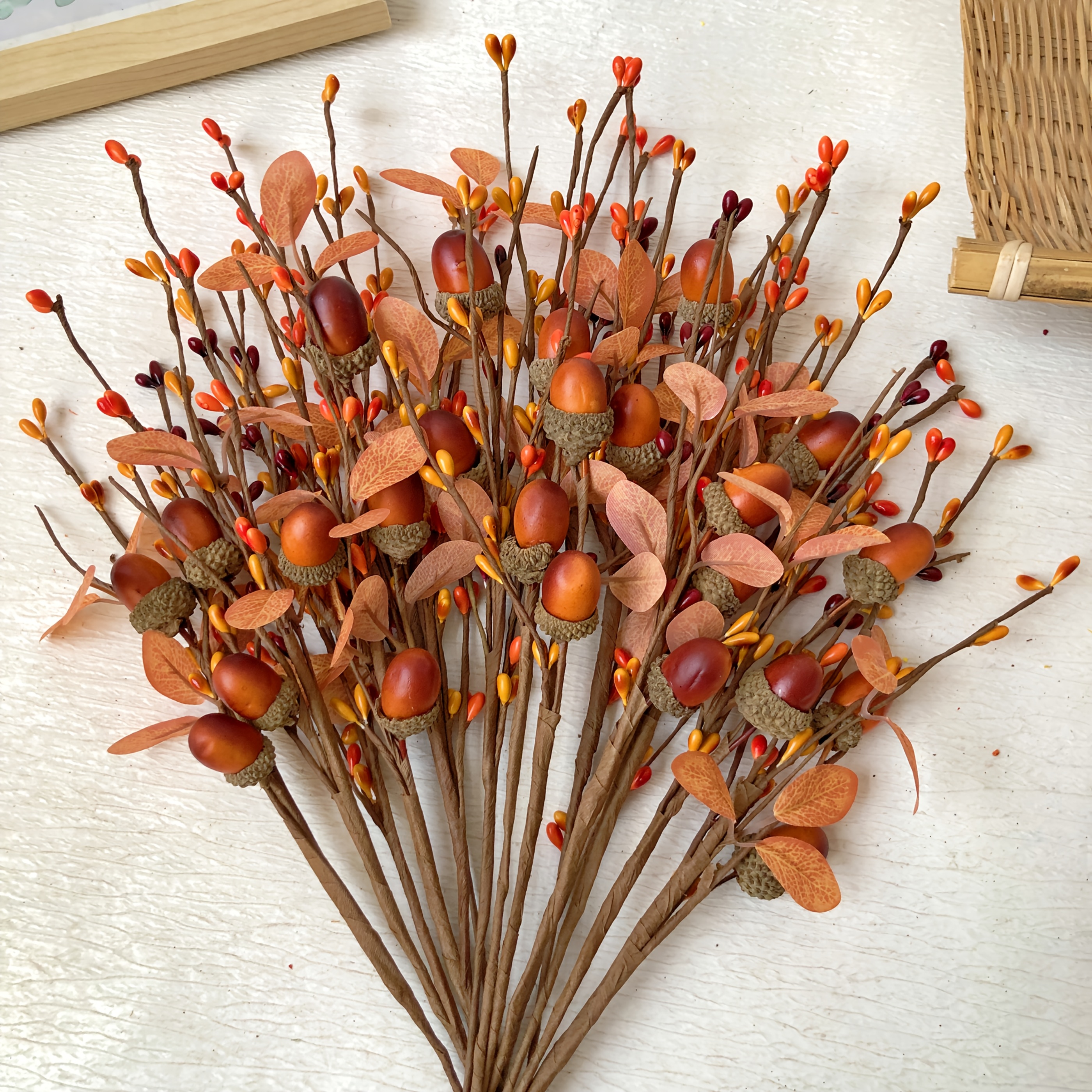 Image of Autumn Simulation Flowers, Thanksgiving 10pcs Simulation Berry Eucalyptus Leaf Stem, Handmade Twisted Flower Branches, Decoration, Festival Decoration, Thanksgiving Decoration, Halloween Decoration