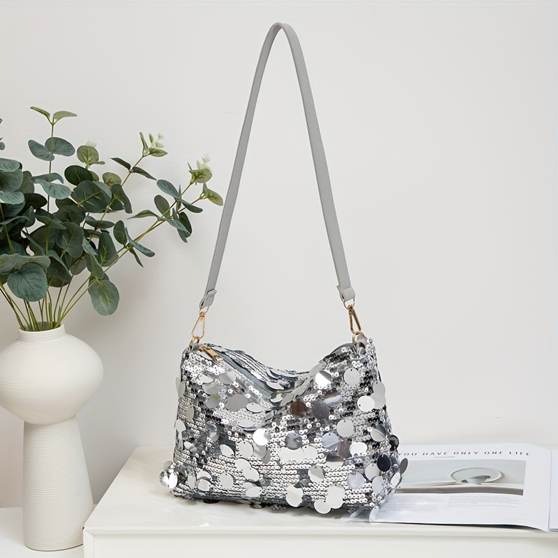 Summer Aesthetic Single Shoulder Bag, Versatile High-end Sequin Body Bag, 5 Colors , Silvery, Apricot, , Black, Purple