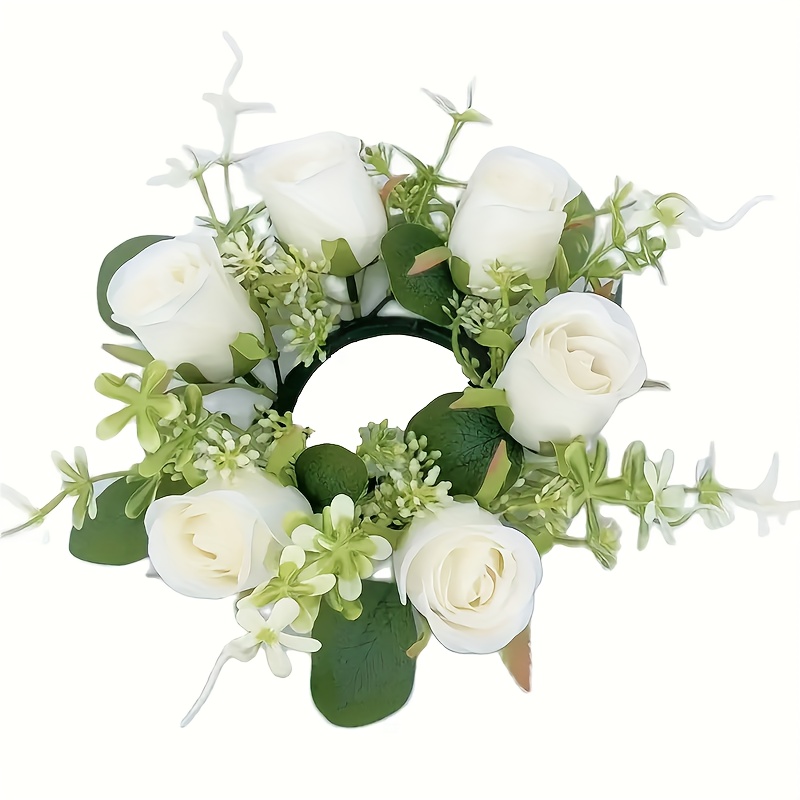Image of 1pc Fake Flower Candle Rings Small Artificial Rose Floarl Candle Rings Boho Candle Rings Wreaths Rose Wreath For Pillar Home Door Tabletop Decoration Festival Gift Wedding Valentine Party Centerpieces