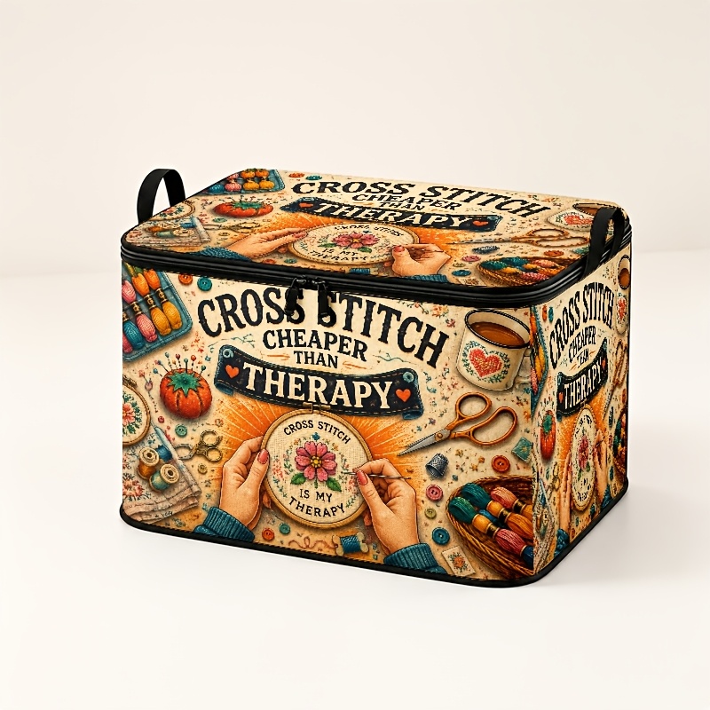TEMU Cross Stitch Storage Box—vintage Craft-style Printed Design With Warm- Illustrations, Featuring The Text "cross Stitch Is " And Floral Patterns.