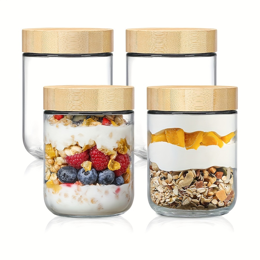 

Lot de 4/6 pièces, Pot en Verre de 16oz avec Couvercle Scellé, Conteneur pour Avena avec Couvercle en Bambou, Pot à Salade Mason à Large Ouverture, Pour Collations, Yaourt, Épices, Rangement