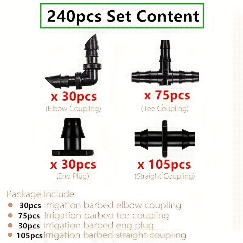 Image of Drip Irrigation Parts 240pcs Mix 1/4 Inch Barbed Tee Elbow Straight Couplings End Plugs Drip Irrigation Fittings Connectors For 1/4 Inch Irrigation Tubing Garden Watering System