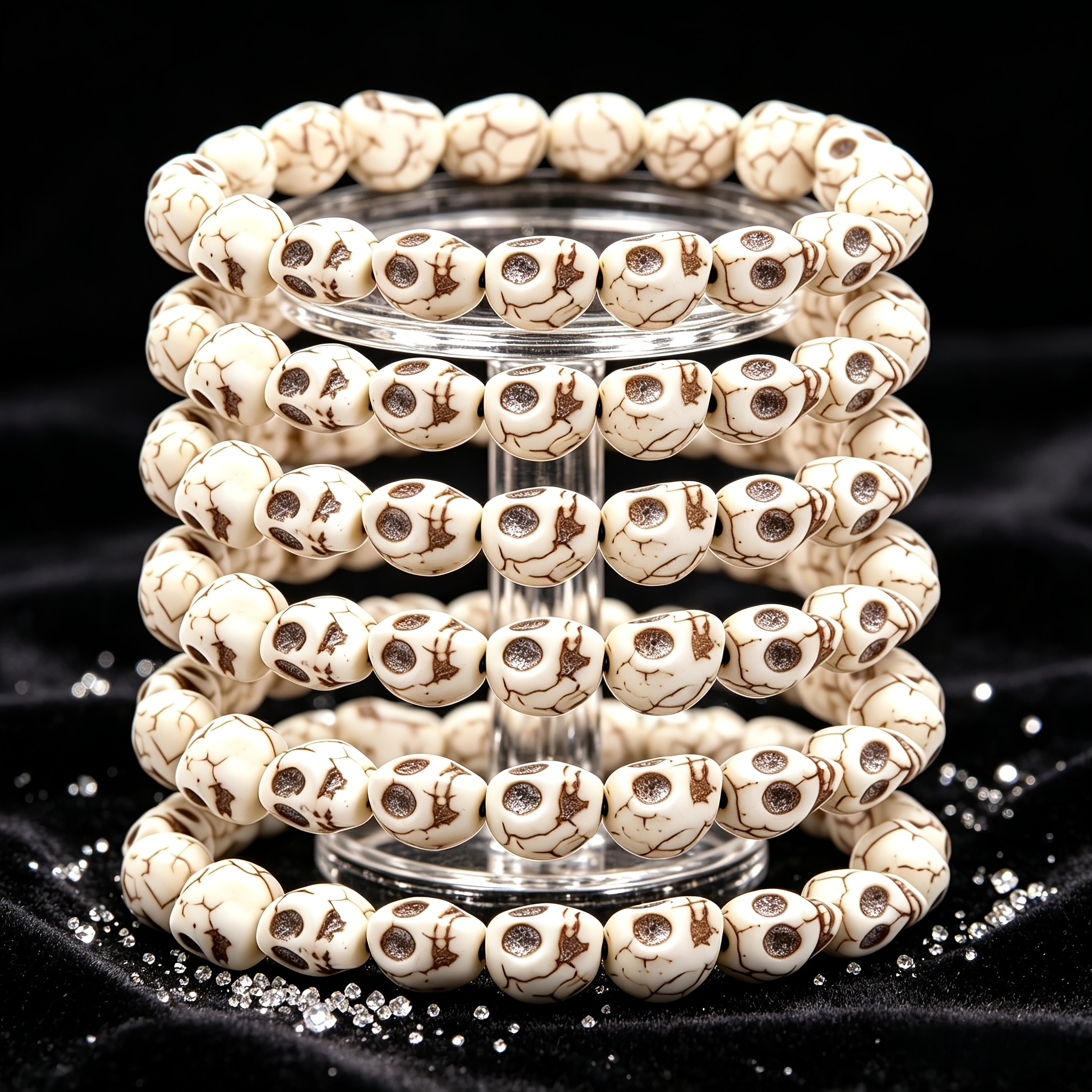 TEMU 6pcs Unisex Alternative Wristbands - Skull Beaded Bracelets, Versatile And Accessories For Parties And Daily Wear, Halloween Gift, Gothic Biker