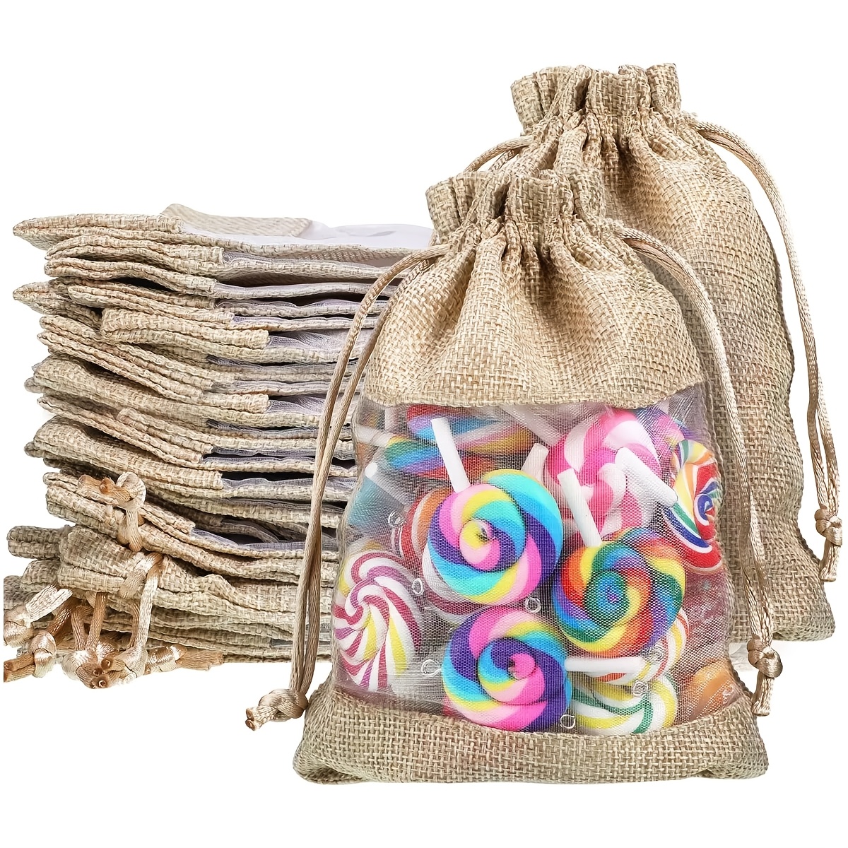 TEMU 25pcs Sacs Cadeaux en Jute et Organza avec Cordon de Serrage, Pochettes de en Chanvre avec Fenêtre en , Sacs à Bonbons et Bijoux Réutilisables