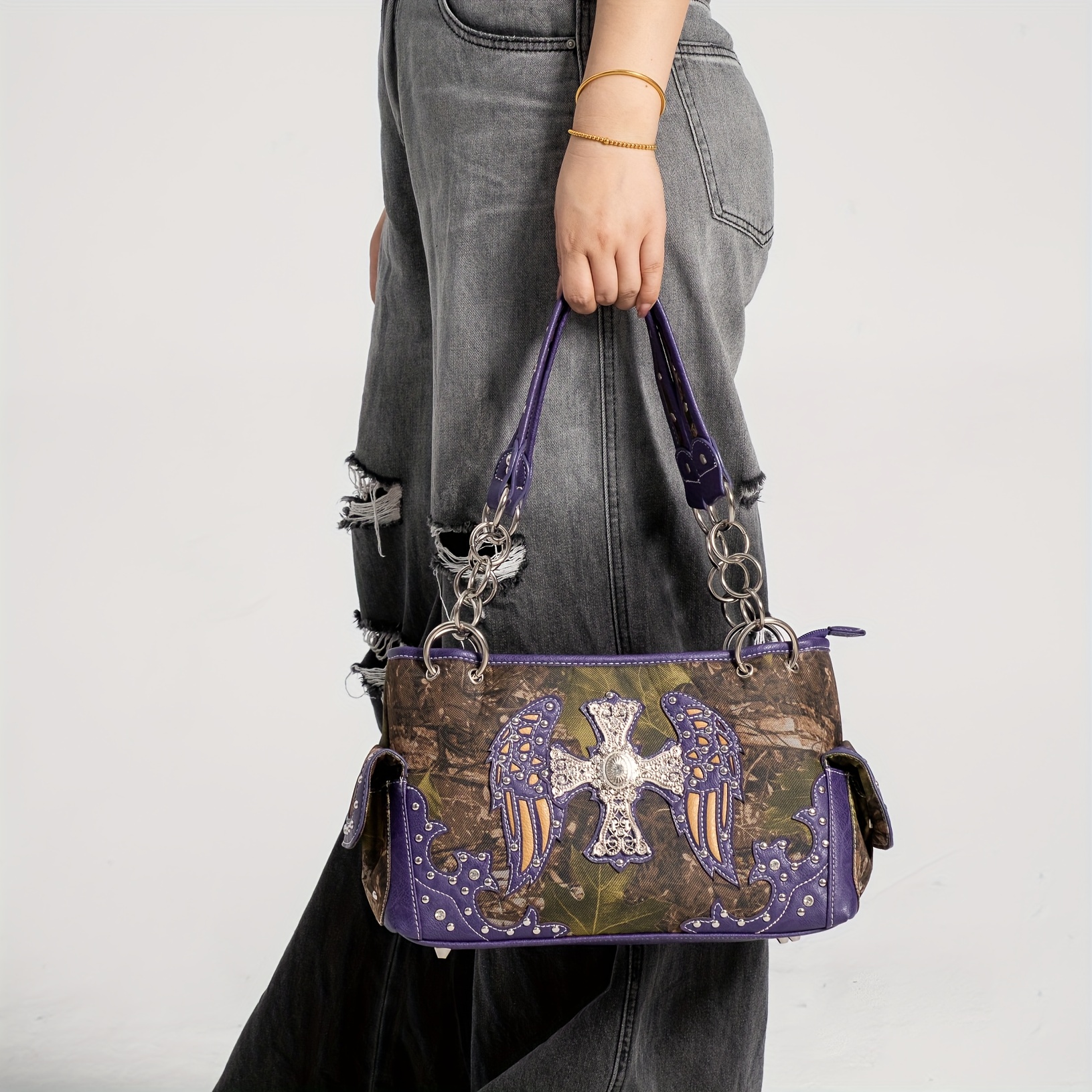 Western Style Cross Wings Women Concealed Carry Purse Crossbody Wallet Set Black