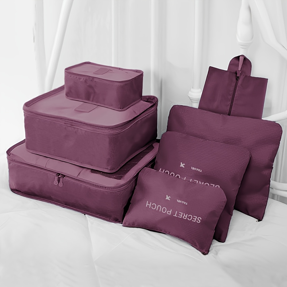 Ensemble de rangement de voyage 7 pièces avec organisateur de bagage à fermeture éclair - Valise robuste, sac pour vêtements et accessoires avec compartiments zippés et ouverture supérieure - Bourgogne/Gris/Bleu marine, convient pour avion, train, voiture, camping, déménagement - Lavable en machine et St