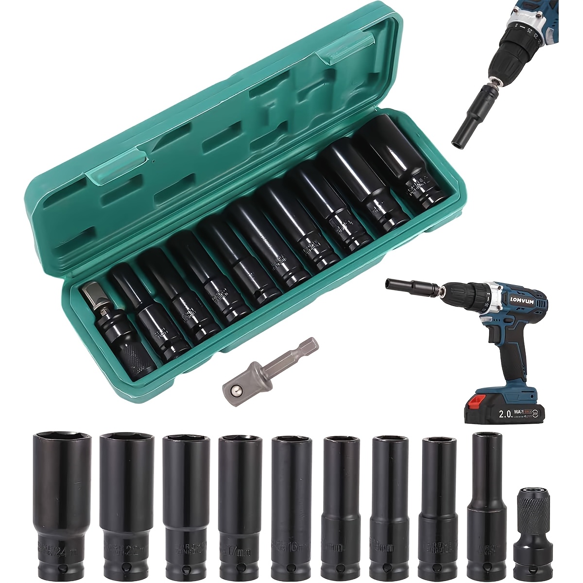 Impact Wrench Nuts 11pcs Long Nut Set With Socket Adapter And Extension Rod Impact Wrench Nuts 1/2 Inch Socket Set Socket Set For Car Repairs Tyre Change