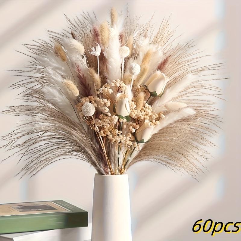 TEMU 60pcs Elegant Rose Bouquet - Dried Pampas Grass Bouquet, Suitable For Rustic Home Decor, Wedding, Party, Celebration Decoration, Vase Filler,