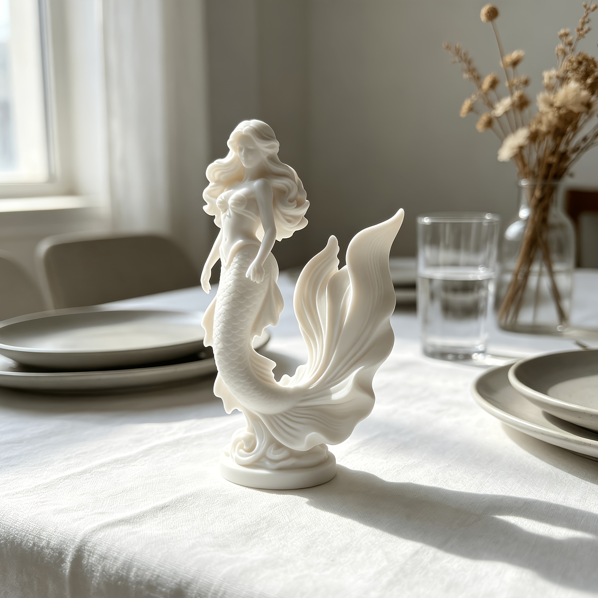 TEMU Sculpture d'art siren esthétique, Ornement de décoration intérieure, Statue de décoration d'espace de luxe léger