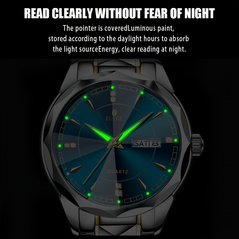 RUIGE Men's Quartz Watch with Night Light, Dual Calendar, Diamond-Shaped Mirror, Stainless Steel Case, Alloy Strap, Multiple Colors