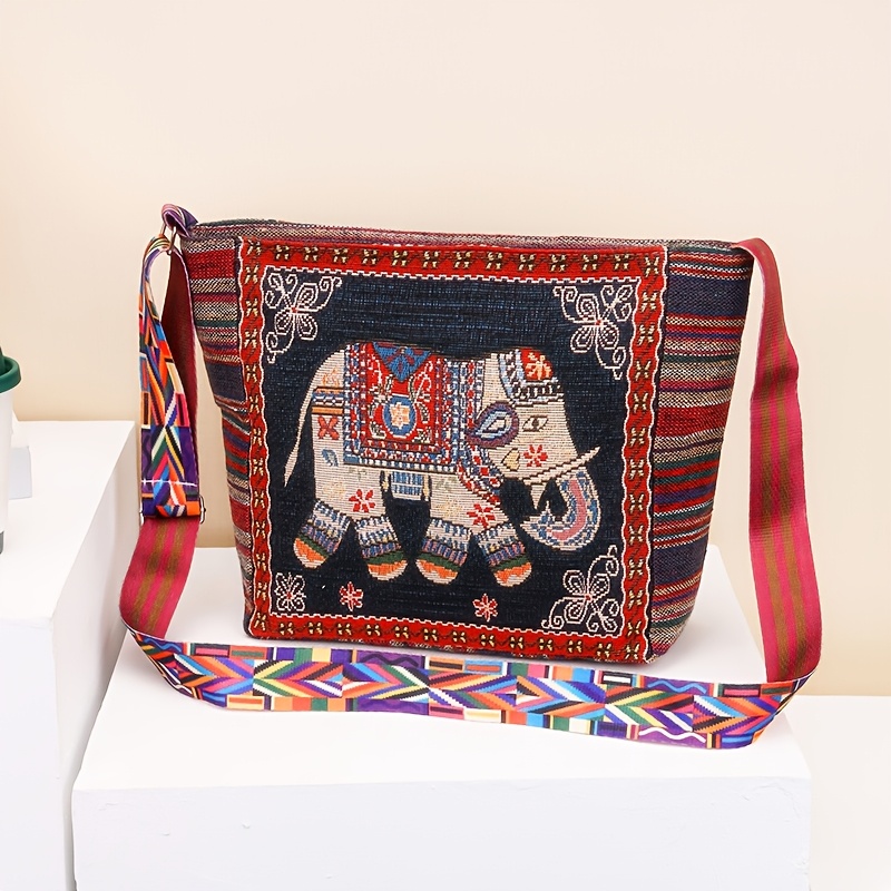 TEMU Ethnic Style Women's Large-capacity Crossbody Bag, Casual Commuting Bag, Retro Adjustable Wide Shoulder Strap, Ethnic Embroidered Cute Elephant