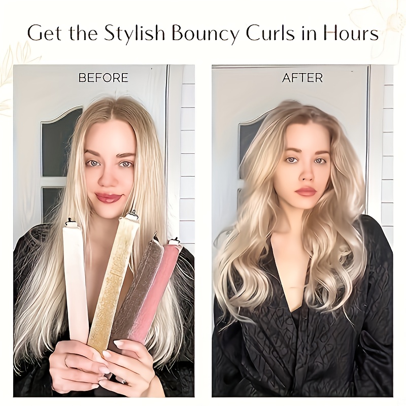 ELLITINA 4pcs Heatless Curling Rods & Headband for Overnight Waves - No Heat Curling Tubes Suitable for with Normal Hair, Travel-Friendly Spring-Summer No-Heat Curling Kit for At-Home Salon Waves, Mother's Day Gift