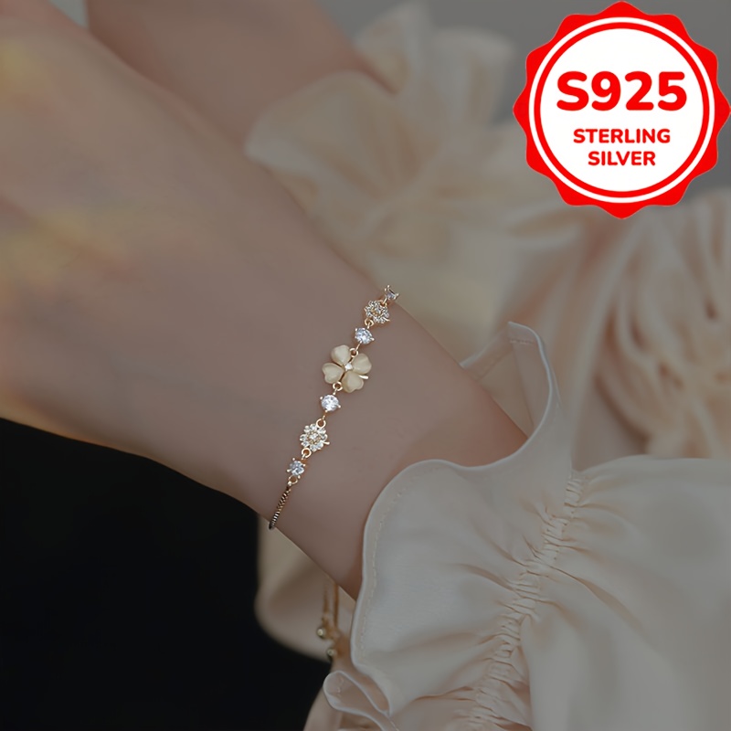 Women's S925 Silver Clover Bracelet with Zirconia