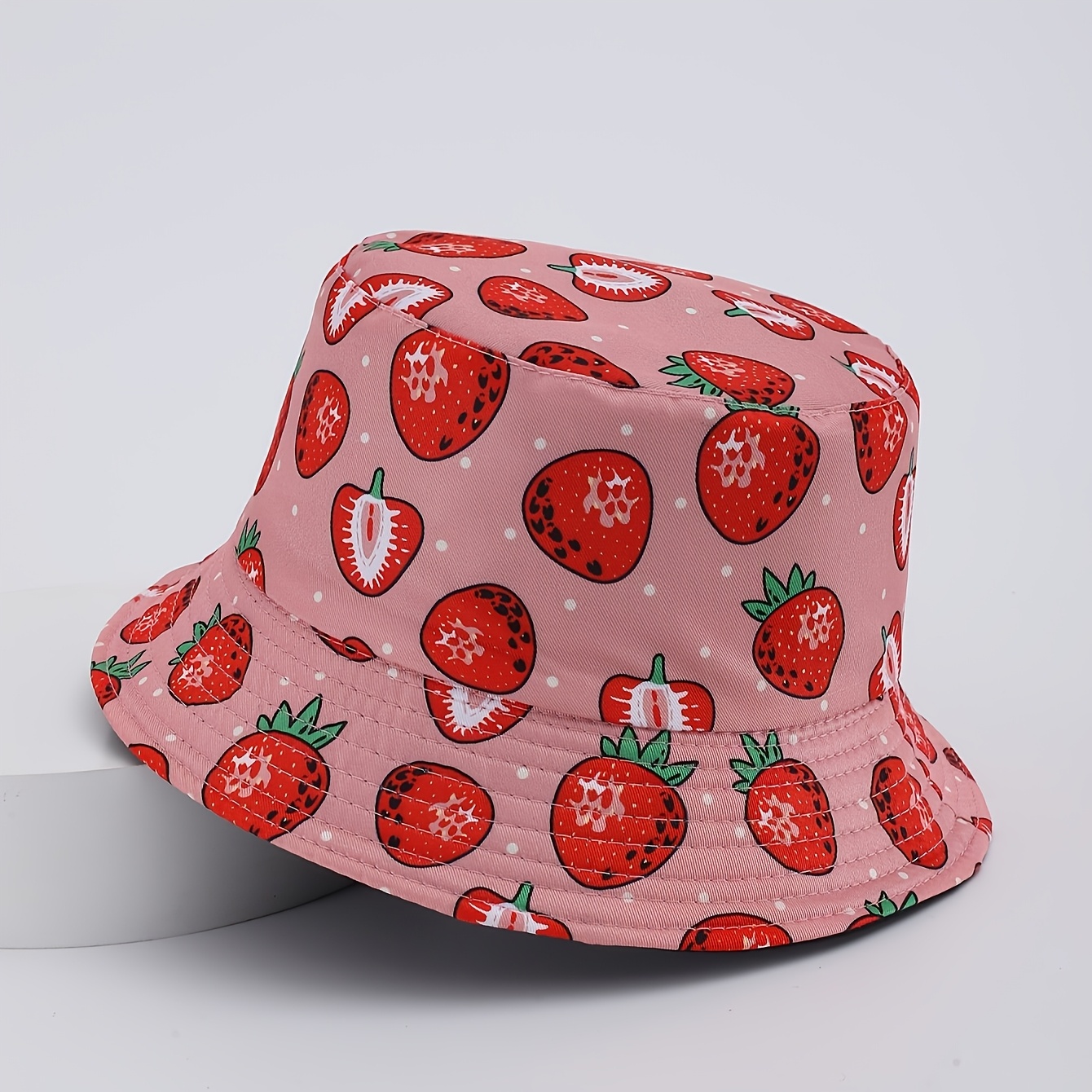 E-shop Rosa Wendbarer Fischerhut Frühling Sommer Erdbeere Blumenmuster Outdoor Damen Fischerhut Nähgarn Farbe Zufällig