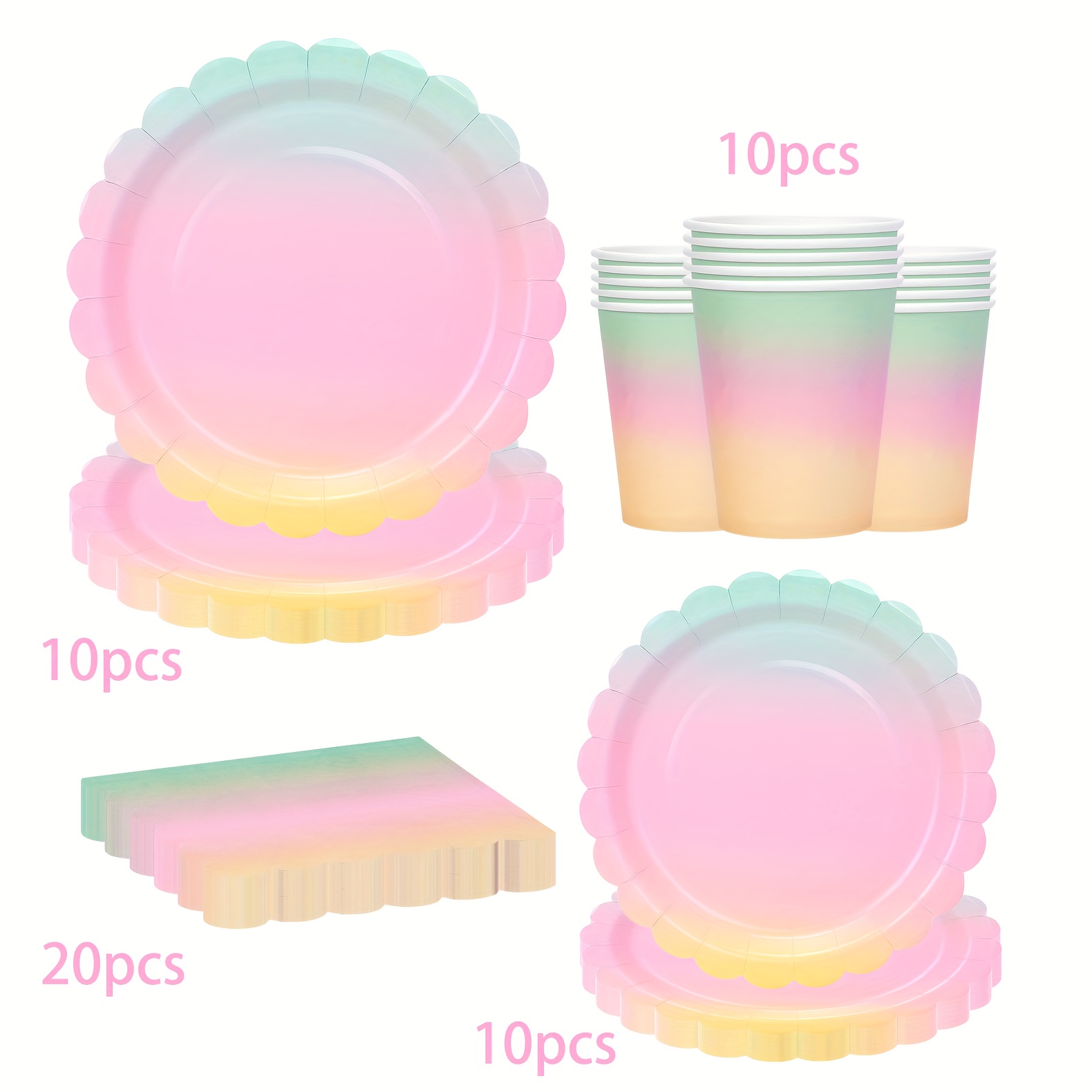 50pcs/80pcs Rainbow Scalloped Paper Plates, Cups, And Napkins | Iridescent Pastel Party Tableware Set For Birthday, Shower, Wedding - Disposable Supplies I Perfect For Halloween