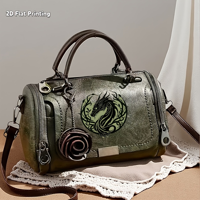 TEMU 1pc Handbag Vintage Cylindrical Top Handle Crossbody Bag, Circular Emblem With Dragon Pattern Casual Daily Outing Shoulder Handbag