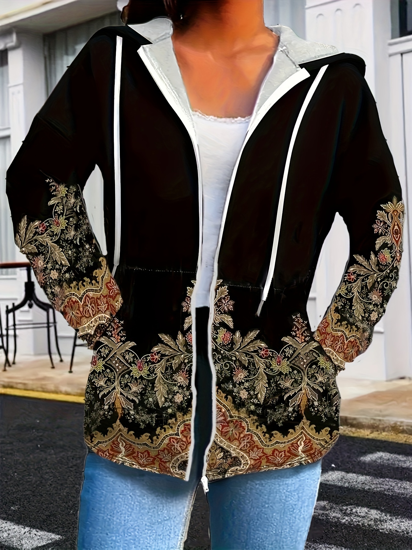 plus size womens plus size ethnic hooded jacket full zip Temu