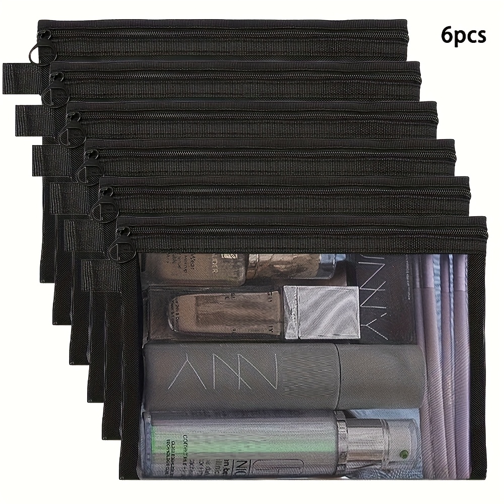 Image of Set Of 6 Large Travel Cosmetic Bags, Transparent Mesh High-capacity Lip Balm Storage Bags, Portable Easy Toiletry Storage Bags